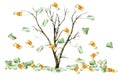 Bare tree with fallen Euro currency as financial symbol of collapse