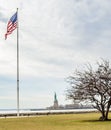 A Bare Tree and Flag of the United States of America with Lady Liberty Statue in Background Royalty Free Stock Photo