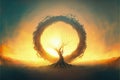 A bare tree floats in front of a luminous circle. Fantasy concept , Illustration painting. Generative AI