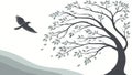 Bare Tree with Flying Birds, Serene Minimalist Landscape, vector design Generative AI Royalty Free Stock Photo