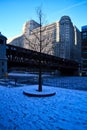 Bare tree and footprints on snow covered riverwalk across a frozen and ice chunk filled Chicago River