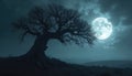 Bare tree stands under bright full moon at night. Dark landscape with silhouette of tree. Mountain range is visible in distance. Royalty Free Stock Photo