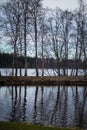 the bare trees on the island are reflected in the lake or river. Royalty Free Stock Photo