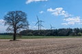 Bare trees in an un sown field waiting for warm with wind turbines generating electricity on the background in spring. central Royalty Free Stock Photo