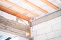 A bare wall made aerated concrete block, a concrete reinforced belt to strengthen the structure of the house. Timber ceiling Royalty Free Stock Photo