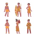 Barefoot African Aboriginal Man and Woman Character Dressed in Traditional Tribal Clothing with Vase and Spear Vector Royalty Free Stock Photo