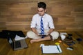 Young man working at home in funny clothes. Royalty Free Stock Photo