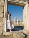 Barefoot Girl Leaning Ancient Ruins Royalty Free Stock Photo