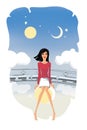 Barefoot girl sits on the moon on the background of a ghostly tram and a fabulous sky with the sun, moon, stars and clouds