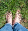 Barefoot on a green grass on countryside field in a summer. Bare feet of woman standing in lush green grass Royalty Free Stock Photo