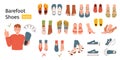 Barefoot shoes collection, man showing anatomic footwear, doodle icons of sandals, boots and sneakers, vector