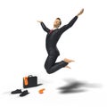 Barefoot toy miniature businessman figurine is jumping for joy and happiness, with colourful socks, shoes and briefcase, concept