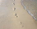 Barefoot walk chain on wet white sand. Beach view photo. Foot marks on beach. Royalty Free Stock Photo