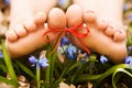 Barefooted woman's feet in flowers. Ribbon bow Royalty Free Stock Photo