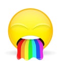 Barf emoji. Emotion of disgust. Spew rainbow emoticon. Cartoon style. Vector illustration smile icon. Royalty Free Stock Photo