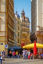 The Barfussgasschen, a tourist street opens onto the Market Square, in Leipzig, Saxony, Germany.