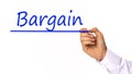 bargain hand writing with a black mark on a transparent board Royalty Free Stock Photo