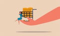 Bargain trade with the buyer. Hand holds a cart with money gold coins and a woman sits on the hand vector illustration. Business