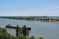 Barge on the background of the stadium `Rostov Arena`, built for the 2018 FIFA world Cup in Rostov-on-don