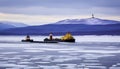 barge being pushed North up frozen Hudson River