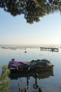 Barge Covered by Fish Nets in the Mar Piccolo in Taranto at Sunrise Royalty Free Stock Photo