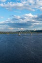 The barge floating in the blue Dnieper waters