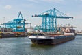 Barge on the Meuse river in the Port of Rotterdam. September 3, 2016