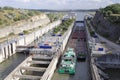 Barge passing through canal lock Royalty Free Stock Photo