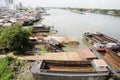 Barge or Tugboat cargo ship shipwreck at dock stop for repair