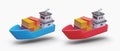 Barges with containers. Realistic cargo boats of different colors