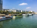 Barges on the left bank of the Seine near the Bibliotheque Nationale, Paris, France