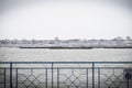 Barges at winter on Danube river, in the port of Giurgiu Royalty Free Stock Photo