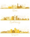 Bari Italy, Kaohsiung Taiwan and Gurgaon India City Skyline Silhouettes with Golden Buildings Isolated on White