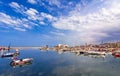 Bari, Italy, Puglia: Beautiful landscape with fishing boats, yaght and blue sea against the sky Royalty Free Stock Photo