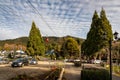 BARILOCHE, ARGENTINA, JUNE 19, 2019: Red cable car carrying passengers to the top of snowy mountains seen in the