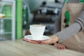 Barista in apron in coffee shop give just brewed fresh coffee to customer