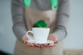 Barista in apron in coffee shop give just brewed fresh coffee to customer