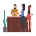 Barista or Barman Serving Clients, Female Customers Standing at Counter Vector Illustration