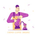 Barista Brewing Coffee Concept. Young Man Waiter or Bartender Wearing Apron Pouring Hot Drink from Kettle to Cezve