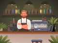 Barista in a cafe shop. Small business concept. Happy man in apron, cafeteria worker. Vector illustration