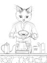 Barista cat preparing coffee artistic drawing