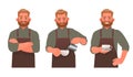 Barista character set. A man in an apron, a coffee shop worker in various poses on a white background. Makes coffee