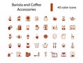 Barista and coffee accessories flat icons set. Coffee making appliance. Color symbol. Isolated vector stock illustration Royalty Free Stock Photo