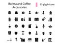 Barista and coffee accessories glyph icons set. Coffee shop professional tool. Coffee bean. Isolated vector illustration