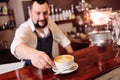 Barista or coffee barman prepares coffee Royalty Free Stock Photo