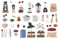 Barista coffee supplies and tool vector flat set