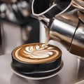 A barista creating latte art on a cappuccino in a trendy coffee shop2