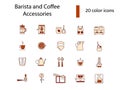 Barista devices accessories flat icons set. French press and measuring cup. Isolated vector stock illustration