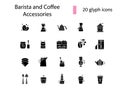 Barista devices glyph icons set. French press and measuring cup. Isolated vector illustration