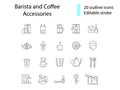 Barista devices outline icons set. French press and measuring cup. Editable stroke. Isolated vector stock illustration